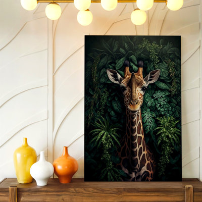 Giraffe Portrait Tropical Jungle Leaves Animal Canvas Wall Art Print, Coordinated Color Stylish Poster Artwork For Living Room Decor, Gallery Wall Accent, Modern Home Decor