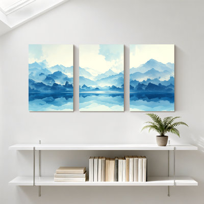 «Landscape & Nature Mountain Lake Reflection Watercolor Landscape», ensemble de 3 impressions sur toile