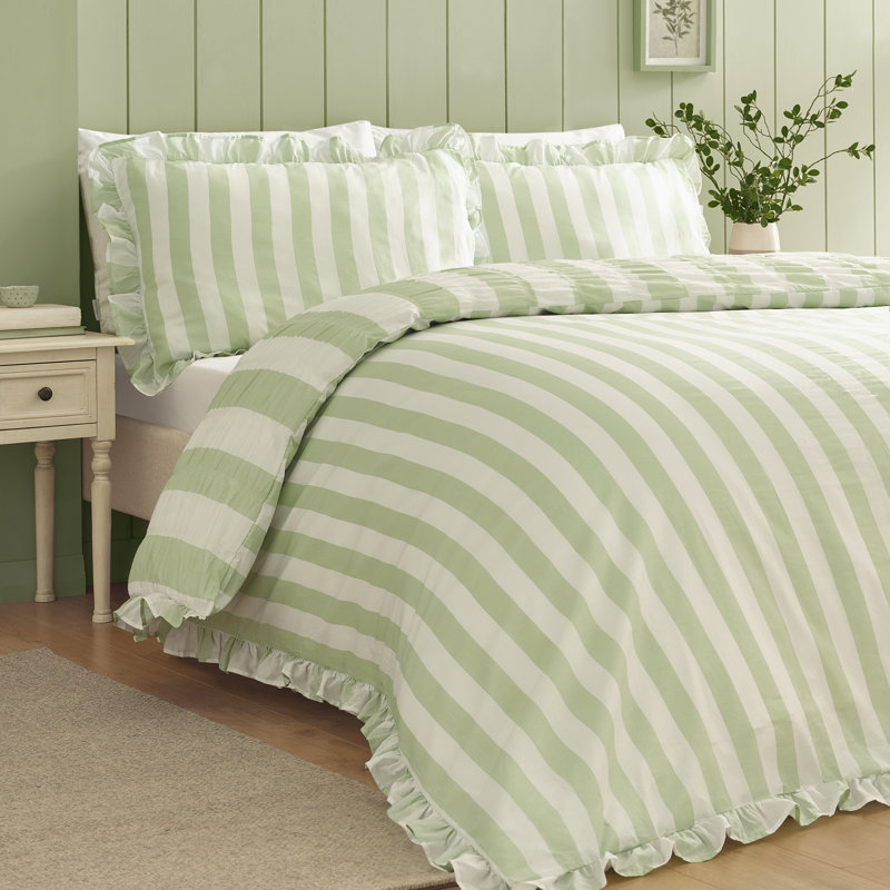 Seersucker Frill Stripe Duvet Cover Set, Single, Green