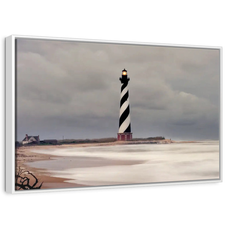Phare orageux du cap Hatteras, 46 po x 31 po, Cadre flottant blanc