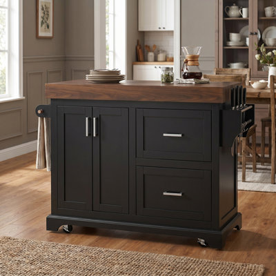 53" MDF Large Kitchen Island with 3.5" Thick Desktop, Spice and Towel Racks  Black