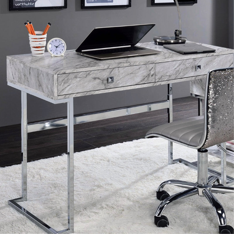 Bureau d'écriture de forme rectangulaire, 2 tiroirs pour ranger des objets, plateau en faux marbre blanc, structure, glissière de tiroir à extension 1/2, espace pour les jambes: l 35 po x l 19 po x P 26 po, taille 18 po x 15 po x 2 po, style élégant Avec