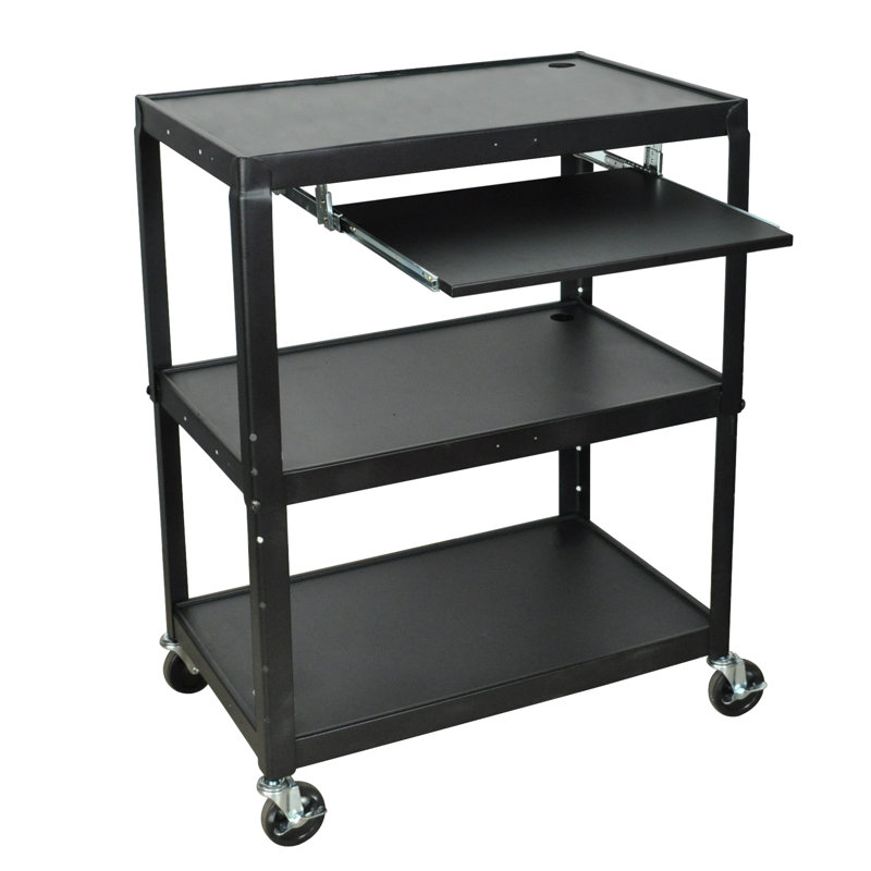 Black Adjustable Height Steel AV Cart with Pullout Keyboard Tray
