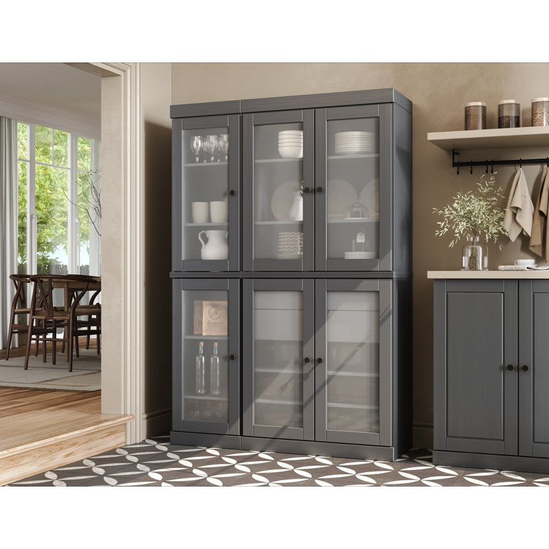 100% Solid Wood 48.5" Pantry Cabinet with Frosted Glass Doors, 2-Drawers and Adjustable Shelves, Gray