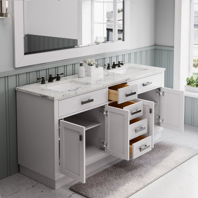 Hartford 72" Carrara White Marble Countertop Bath Vanity in Pure White with Mirror