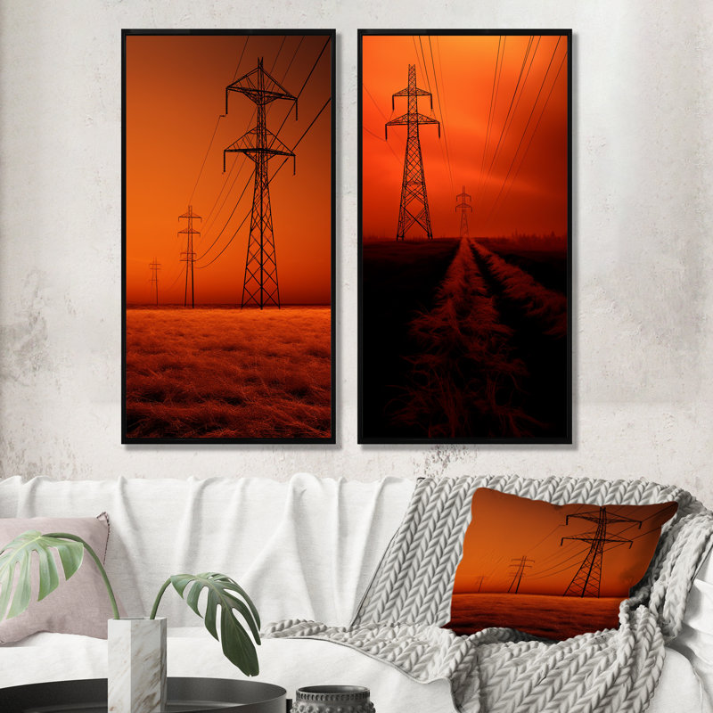Conduites en cuivre Power Lines Firey Sun - Ensemble de salon mural 2 lignes, H 28 po x l 25 po, Cadre flottant noir