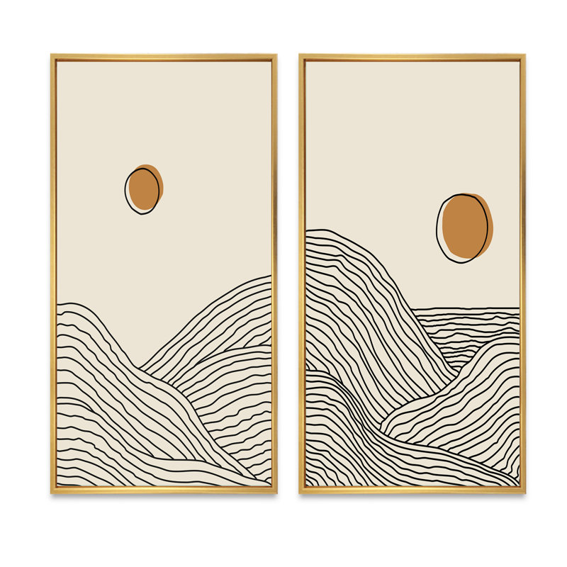 Minimalist Moon Landscape I - ensemble de 2 peintures, H 40 po x l 40 po x P 1,5 po, Cadre doré