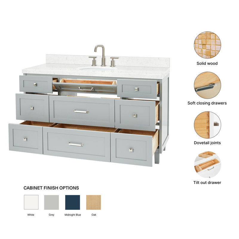 ARIEL Monroe 54 Single Sink Bathroom Vanity with Carrara Quartz Top, Gray, 60" - 61", Carrara White Quartz