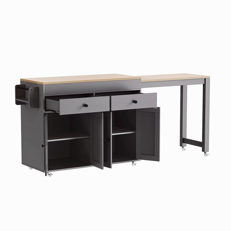 74.5 Inch Kitchen Island With Extendable Dining Table , Rolling Kitchen Island On Wheels With Spice Rack And 2 Drawers, 4 Door Cabinet, For Kitchen, Dining Room (Two Packages)
