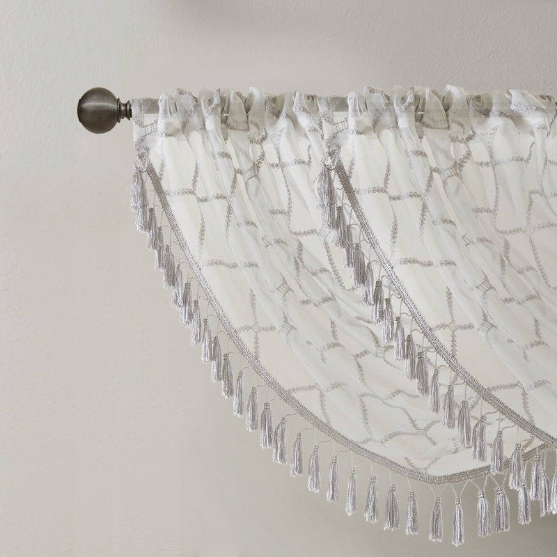 Irina Diamond Sheer Embroidered Single Waterfall Valance, White/Gray