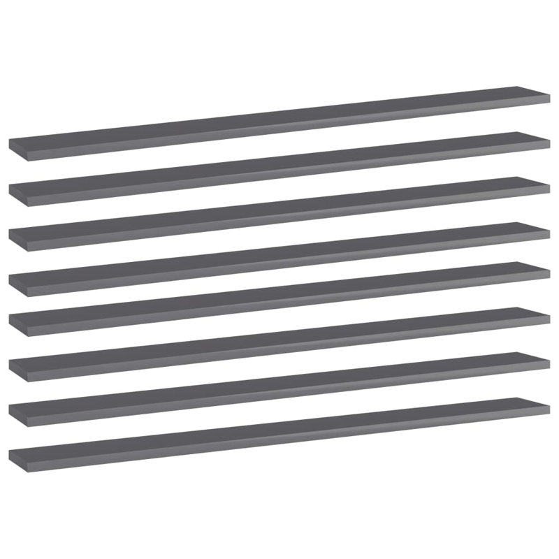 Bookshelf Boards 8 pcs Engineered Wood, High Gloss Gray, (8 Shelves) 0.6" H x 39.4" W x 3.9" D