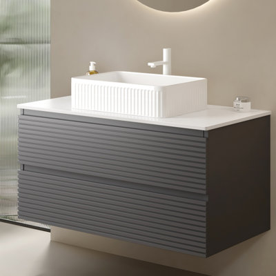 36" Bathroom Cabinet Gray Plywood Wall Mounted, 18Mm Strong, Spacious Drawers, Slides, Scandinavian Modern Look Mounted Gray, Waterproof, ,
