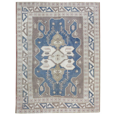 Tapis bleu en laine noué à la main de conception unique 7 pi 7 po x 10 pi 4 po années 1970 Sultanhan