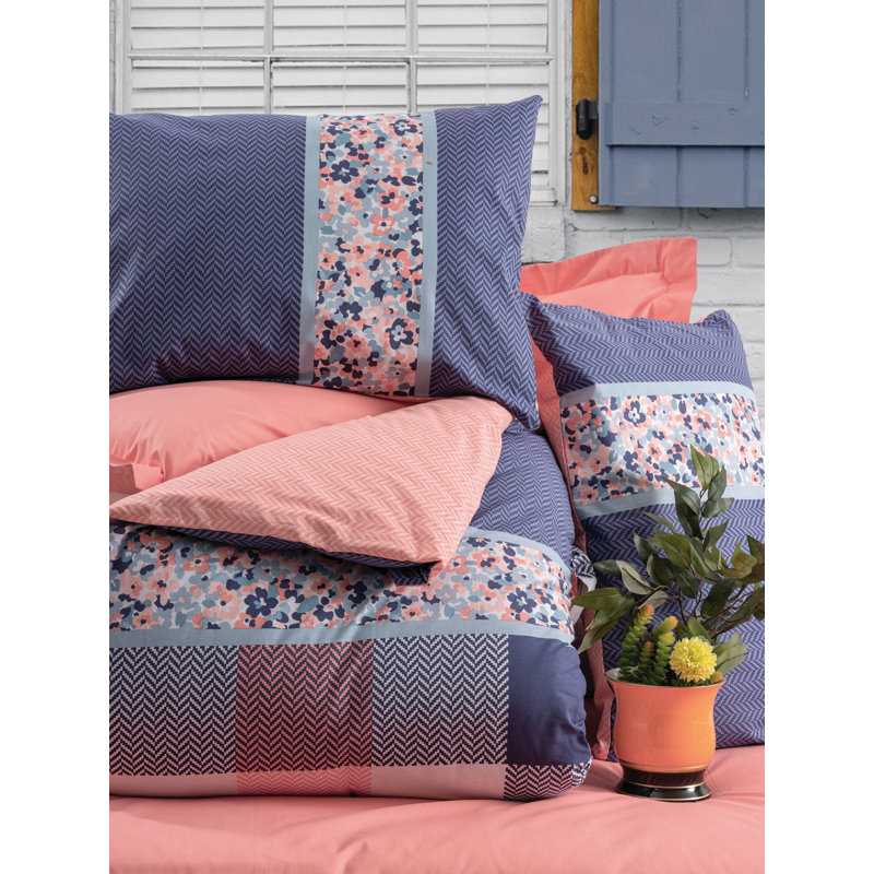 Ensemble de housse de couette 100% coton corail / bleu / blanc, Housse de couette simple + 1 taie d'oreiller 24 po