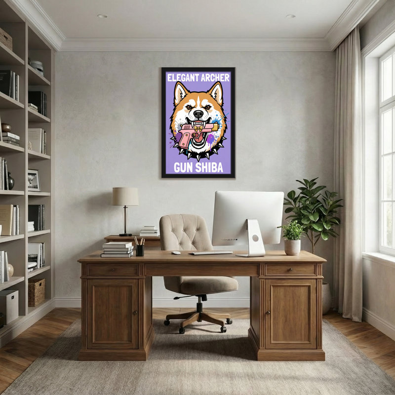 Chien Shiba Archer avec un pistolet rose, H 18 po x l 12 po