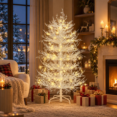 4' Pre-Lit Aspen Fir Artificial Christmas Tree with 230 Warm White LED Lights, 280 PE Branch Tips, White Coral Twig Xmas Tree with Metal Stand for Home Party