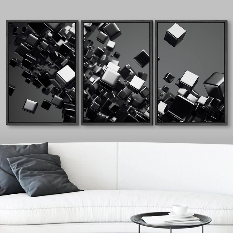 Décoration industrielle industrielle de cubes noirs glamour sur fond abstrait gris neutre moderne, Cadre flottant noir