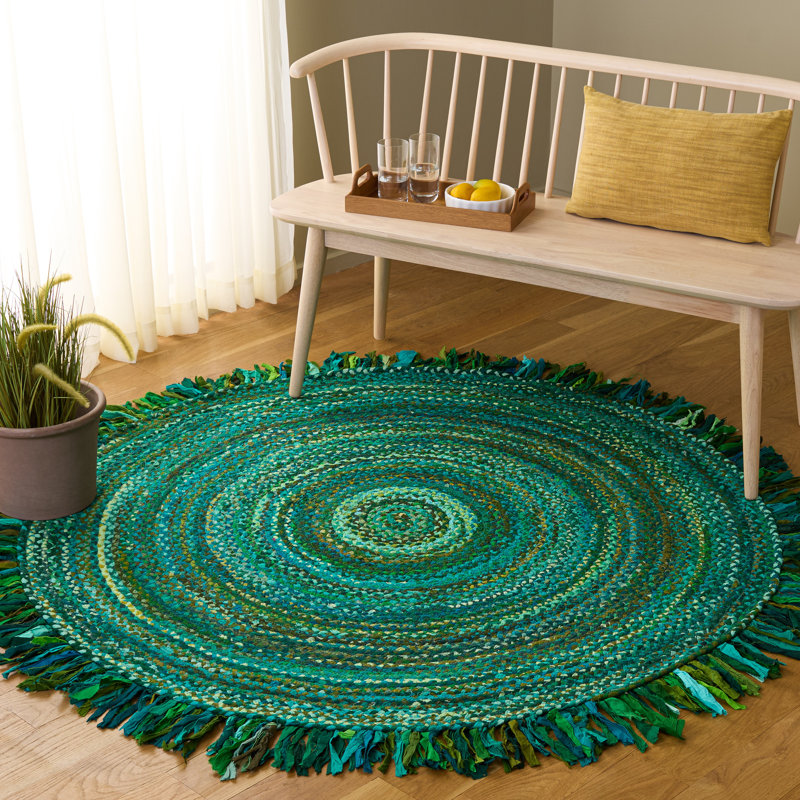 Kellems Solid Color Handwoven Cotton Area Rug in Green, Round 5'