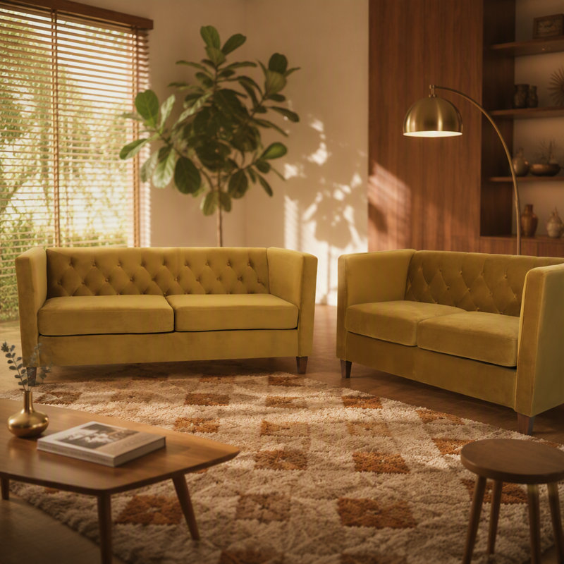 Canapé 3 places en velours capitonné avec pieds fuselés en bois, Mustard yellow Polyester
