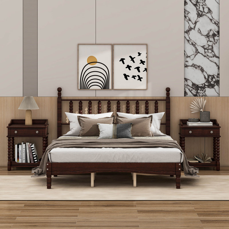 Ensemble de chambre à coucher de style rétro avec 4 pièces, grand lit plateforme avec tête de lit en forme de gourde, table de chevet et banc