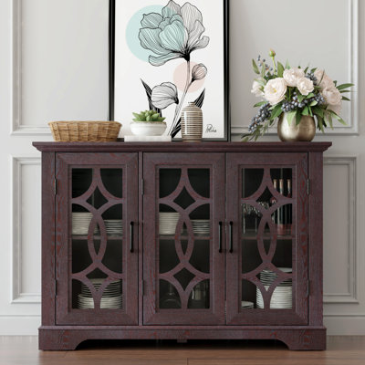 Buffet spacieux de 48,66 po x 15,55 po x 34,06 po à 3 portes en verre trempé transparent avec tablette réglable, panneau de fibres à densité moyenne et stratifié décoratif rouge foncé pour la salle à manger, la cuisine et le salon