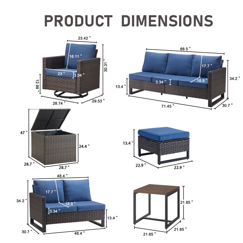 Ingvald 9 Person Outdoor Patio Wicker Family Conversation Set Group With Swivel Chairs And Storage, Blue