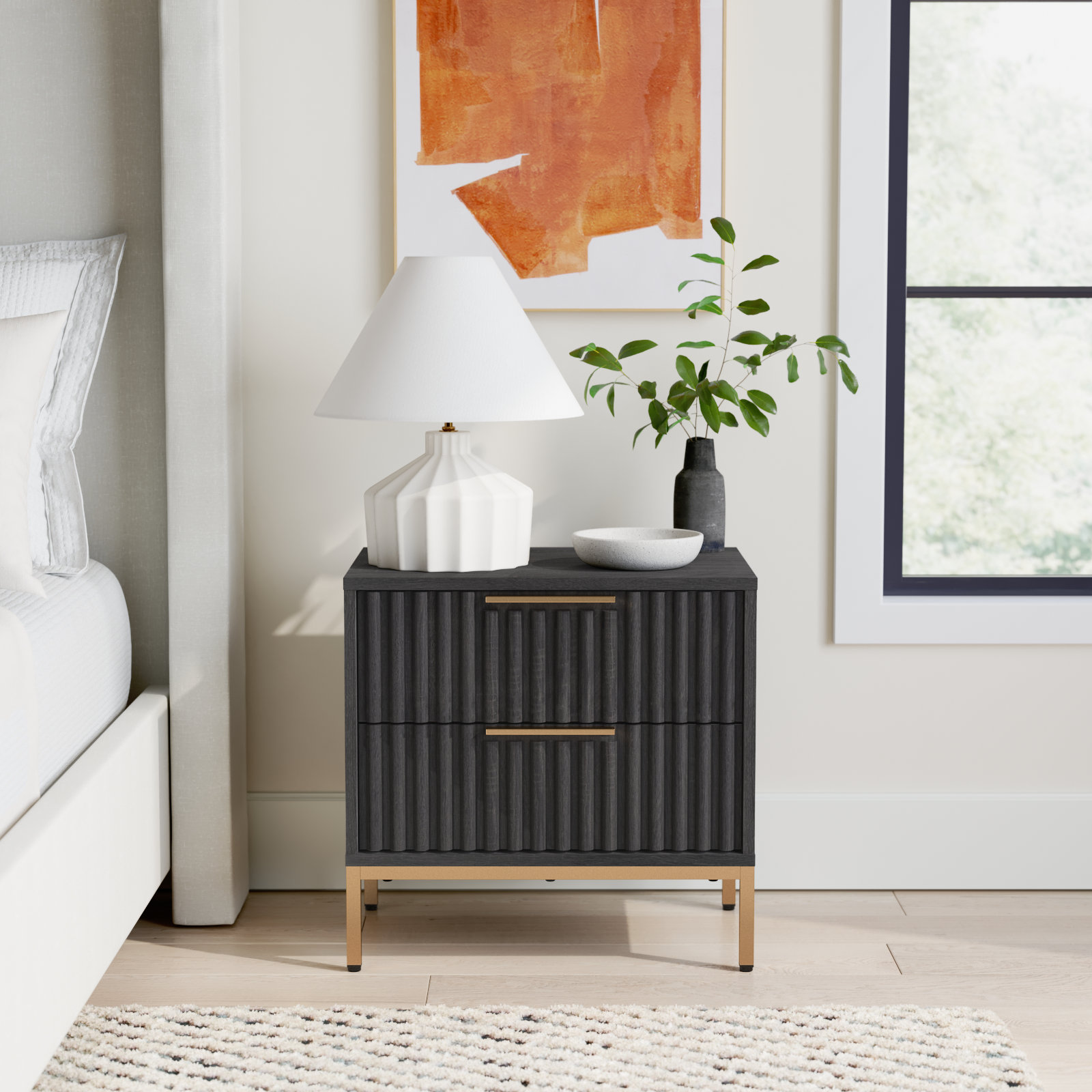 Burgess 2 - Drawer Nightstand, Distressed Black / Gold