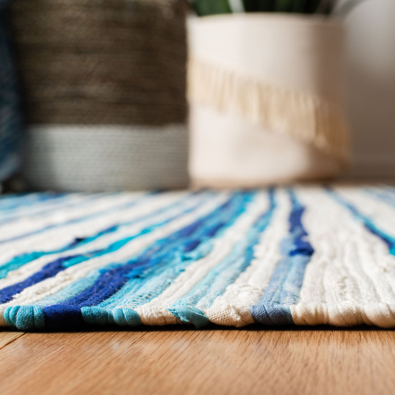 Brogun Handwoven Cotton Ivory/Blue Area Rug, Rectangle 2'3" x 5'