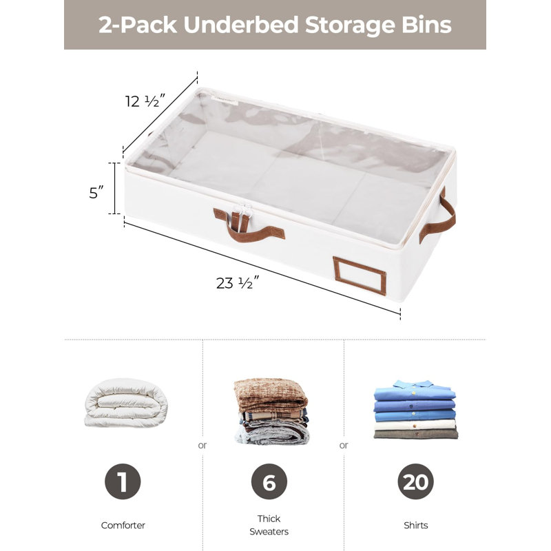 Ivory Fabric Collapsible Under Bed Storage Boxes with Handles