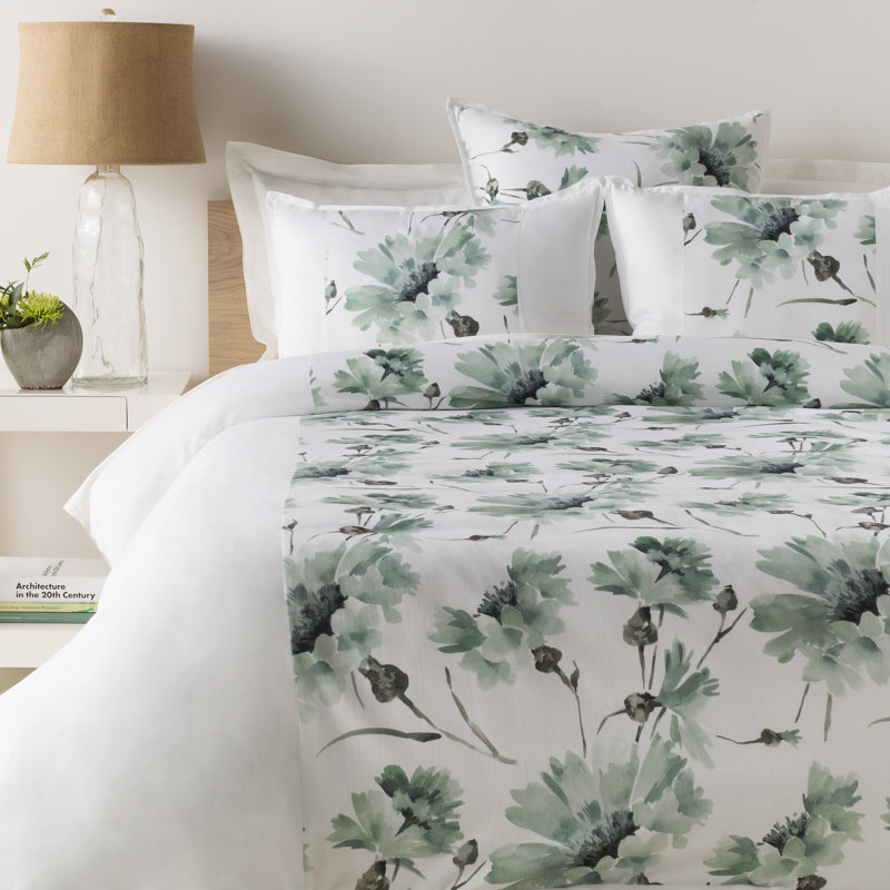 Gardenia Cotton Floral Duvet Cover, White/Charcoal/Light Gray/Dark Green, King