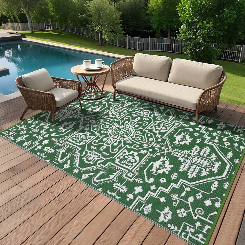 Tapis d'extérieur imperméable à l'eau Medallion Patio Reversible, Vert, Tapis de couloir de 9 pi x 18 pi