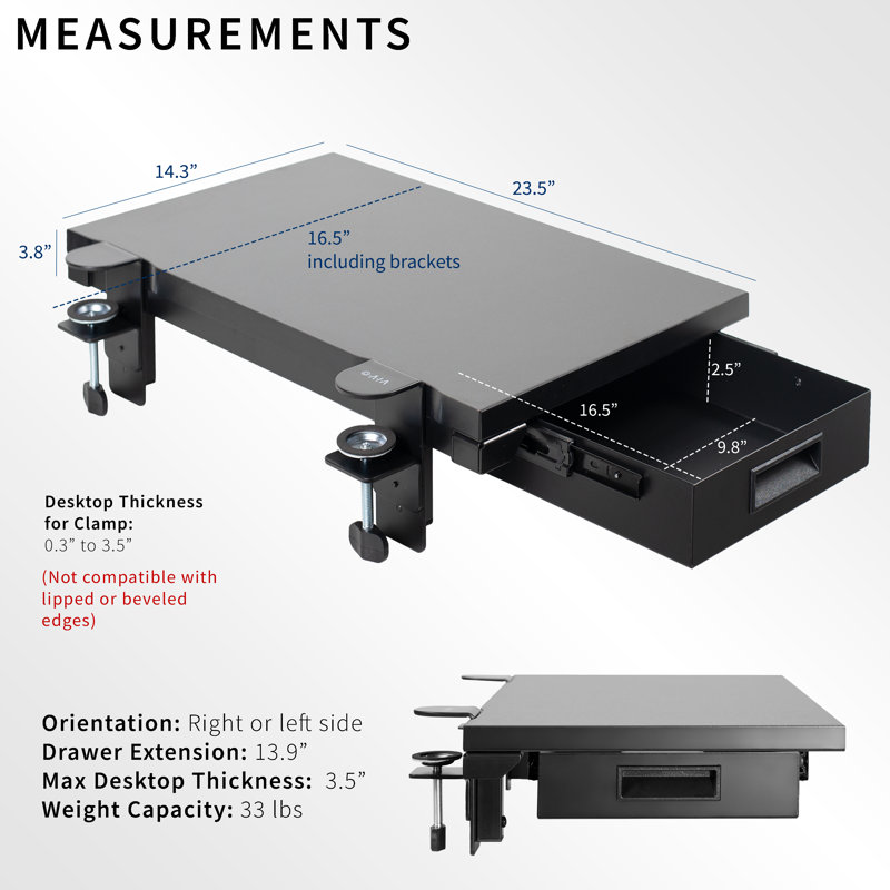 VIVO Premium Clamp-on 24" x 14" Desk Extension with Storage Drawer (DESK-EXT24D)
