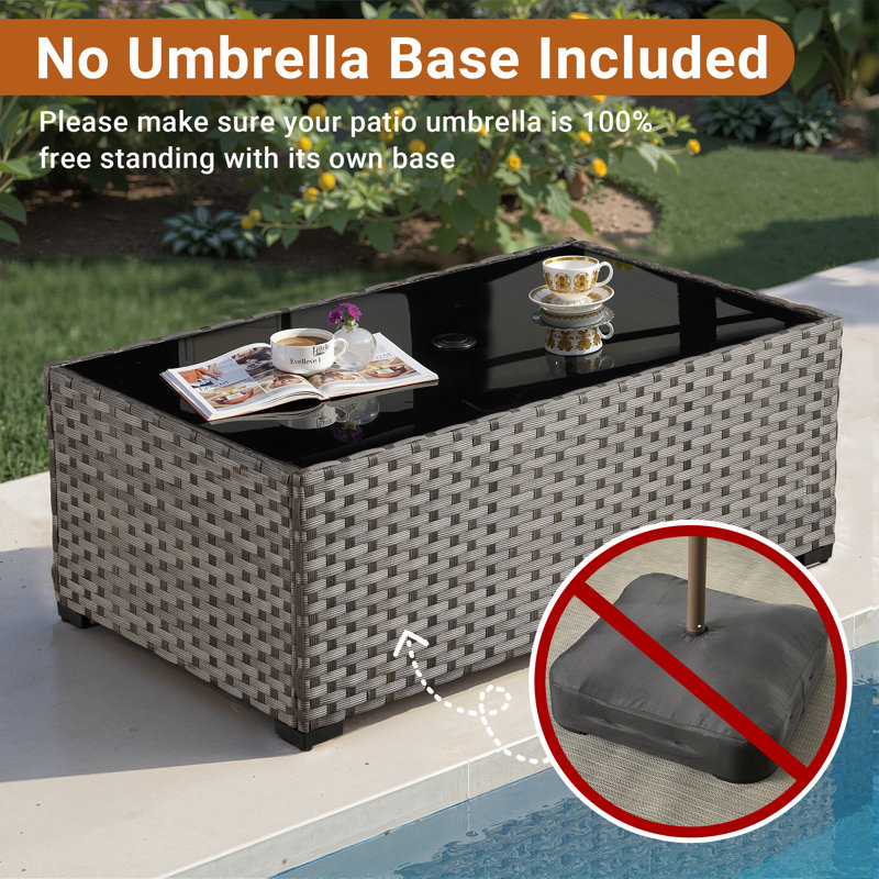 Rectangular Wicker/Rattan Outdoor Coffee Table With Umbrella Hole, Gris clair