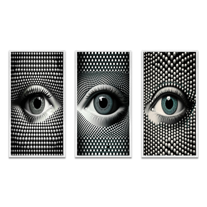 "Œil monochrome", 3 pièces sur toile, Blanc, H 20 po x l 36 po