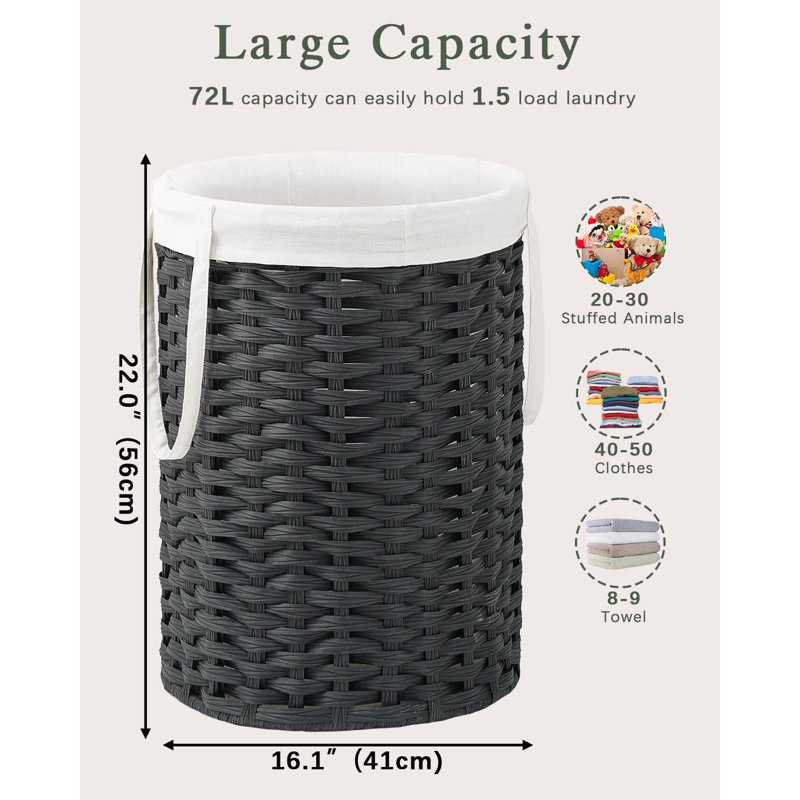 Large Woven Laundry Hamper Basket With Removable Liner And Handles - Durable Rattan Design, Sturdy Metal Frame, Foldable For Space Saving, Includes 2 Mesh Bags For Organization