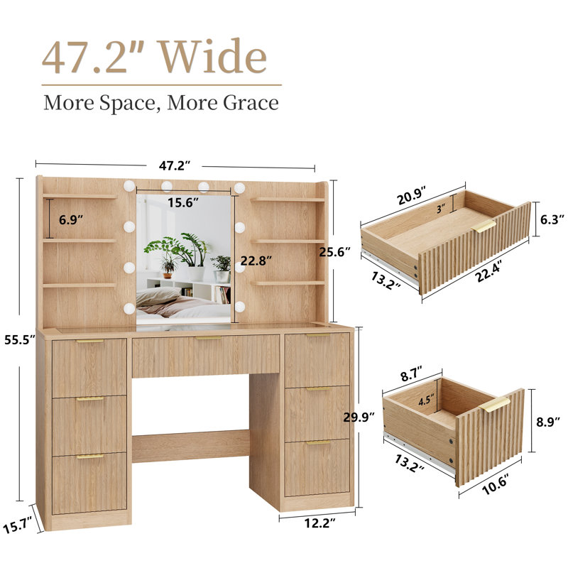 47" Fluted Vanity Desk with Adjustable LED Lights & Charging Station, 7 Drawers Makeup Table with Tempered Glass Top, 8 Open Shelves, Hair Dryer Holder for Bedroom, Natural Oak