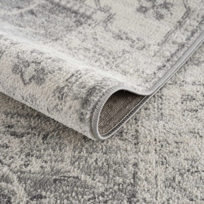 Tapis traditionnel gris clair, gris foncé et beige Eckelman, Rond 5 pi 3 po
