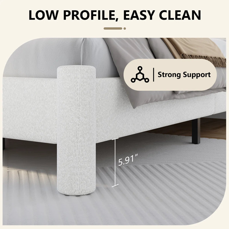 Ensemble de lit plateforme tapissier 2 pièces Boucle, Blanc, Très grand lit