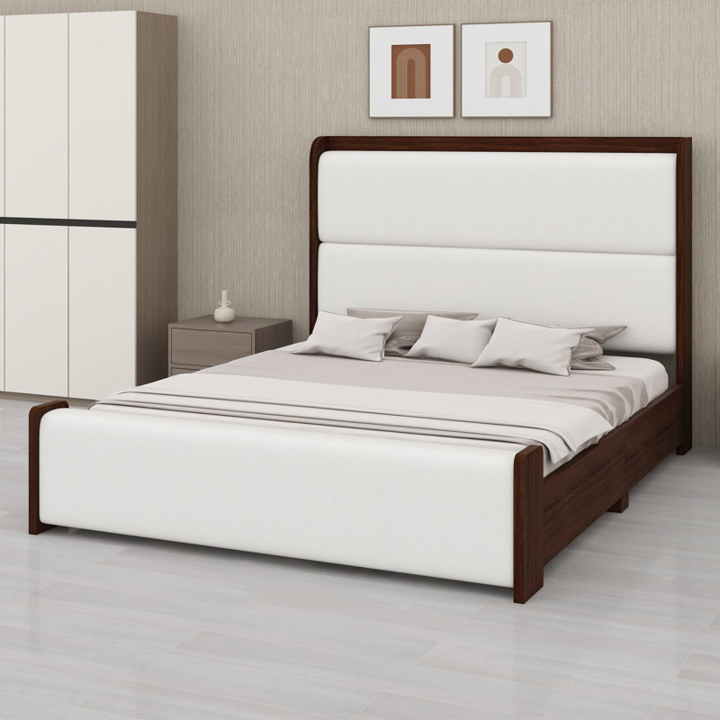 Structure de lit plateforme avec assemblage facile, tête de lit, pied de lit et style Mid-Century, Grand lit, Brun
