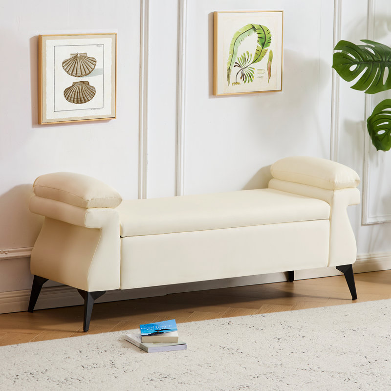 Upholstered Flip Top Storage Bench with Armrest, End of Bed Bench with Metal Legs for Living Room, Bedroom, Entryway, Beige