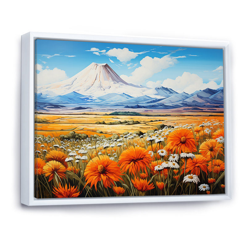 Charme de fleurs sauvages dans un paysage de montagne, Cadre flottant blanc, H 12 po x l 20 po x P 1 po