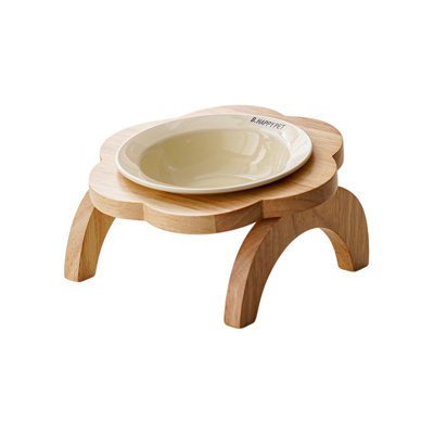 Bol pour chat en céramique surélevé en forme de fleur avec support en bois de chêne, manchon protecteur de cou compatible avec les moustaches pour chats et petits chiens, paquet de 3, 2 x 7,6 po x 7,1 po x 4,1 po beige