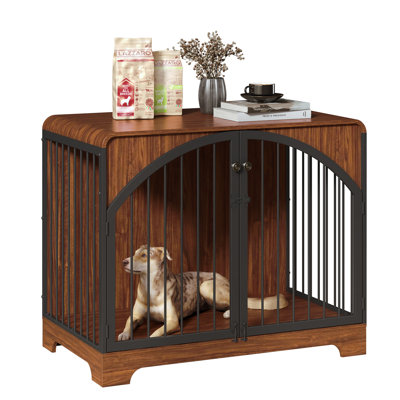 40" Farmhouse Dog Crate Furniture, Wooden Indoor Dog Kennel End Table for Large/Medium Dogs, Decorative Pet House with Arched Metal Bars, Retro Brown