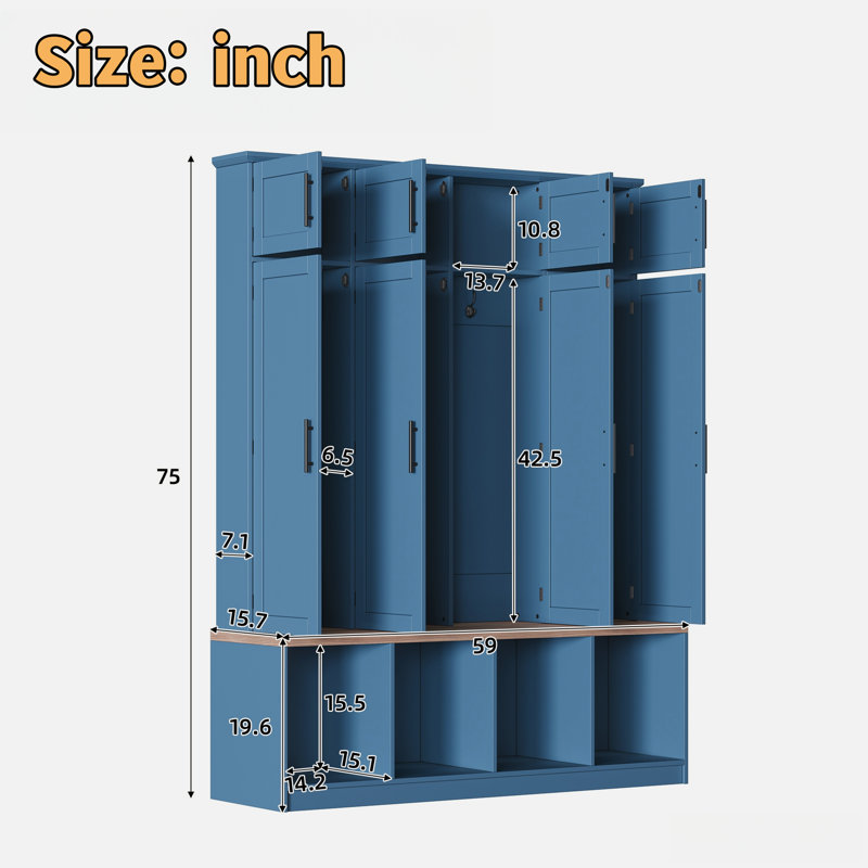Farmhouse Hall Tree With 4 Hidden Hanging Hooks, 8 Doors, Seating Bench And Shoe Cabinet, Blue