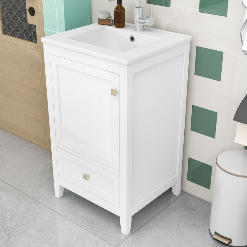 Meuble-lavabo de salle de bain avec lavabo en céramique, armoire à porte à fermeture douce, support de rangement et tiroir