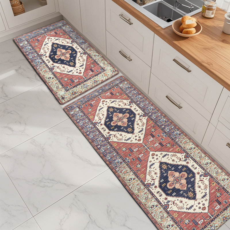 Elainey Anti-Fatigue Non-Skid Waterproof Kitchen Mat (Set of 2), Red/Navy, Runner 20" x 31.5" + 20" x 59"