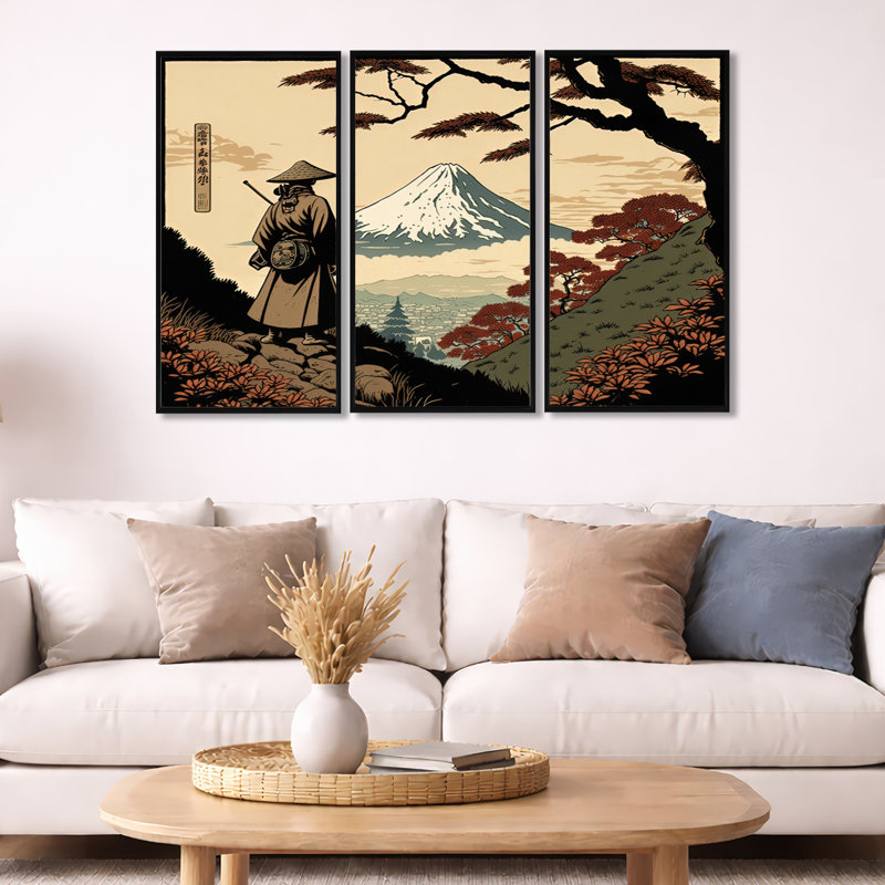Samurai In Japon I - Ensemble d'art mural sur toile traditionnel, H 28 po x l 36 po, Cadre noir