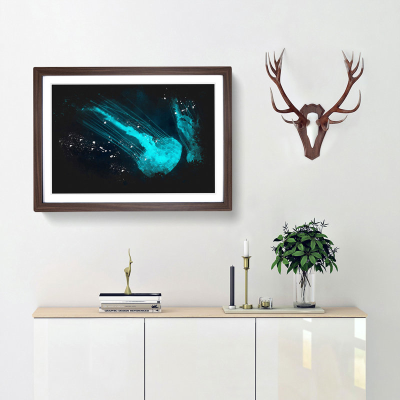 Neon Blue Jellyfish - Picture Frame Graphic Art Print, Walnut Framed, 62cm H x 87cm W x 2cm D