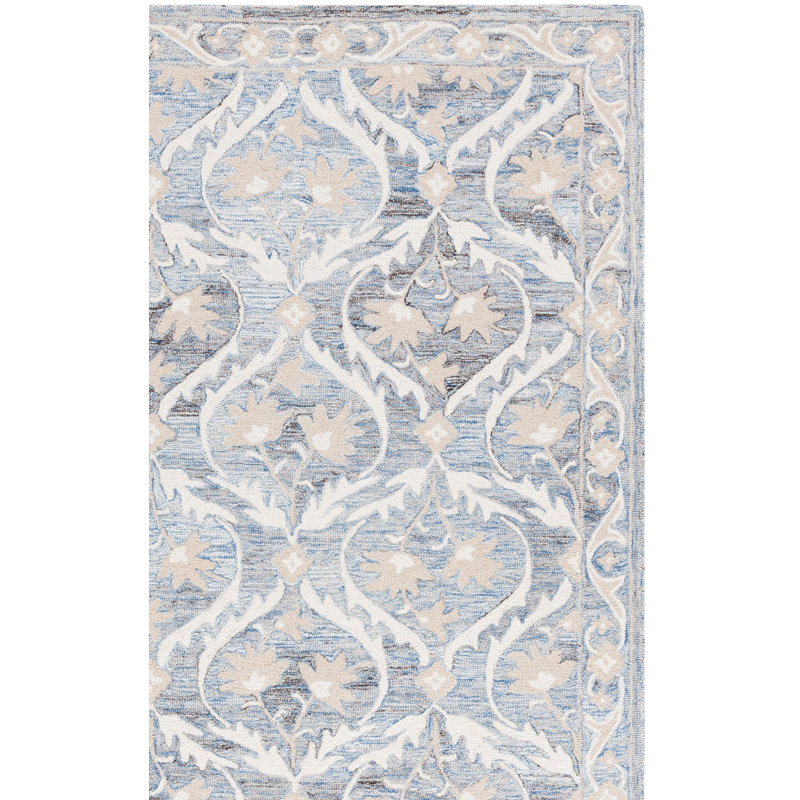 Bornie Tufted Wool/Cotton Damask Rug in Blue/Ivory, Runner 2'3" x 8'