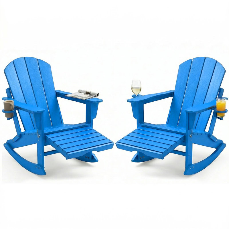 Ensemble de 2 chaises berçantes Adirondack en PEHD pliable avec repose-pieds rétractable, porte-gobelet et rainure pour téléphone